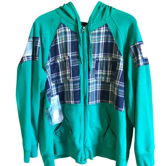 Upcycled Patchwork Hoodie, XL-1X: Grungy Zip-Up Hooded Jacket, A Little Bit Wild - Picture 2 of 11